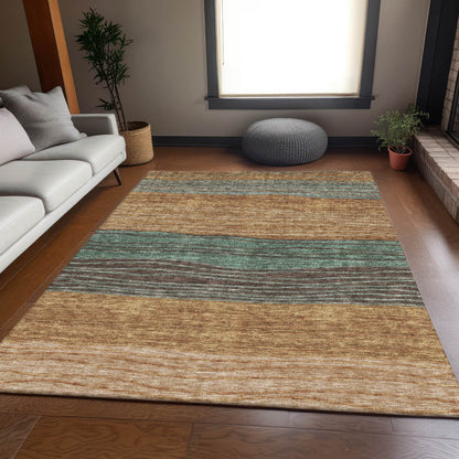 9' X 12' Terra Cotta Copper And Beige Striped Washable Indoor Outdoor Area Rug - Loft&Timber
