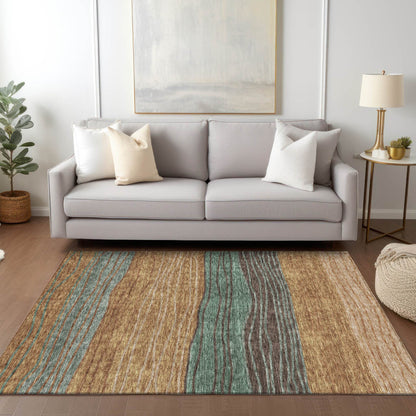 9' X 12' Terra Cotta Copper And Beige Striped Washable Indoor Outdoor Area Rug - Loft&Timber