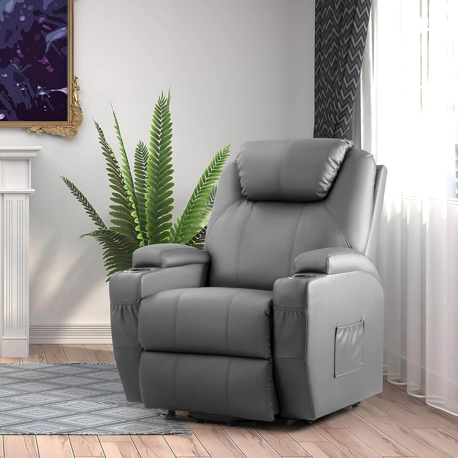 Gray Power Lift Recliner Massage Elderly Cup Holders - Loft&Timber