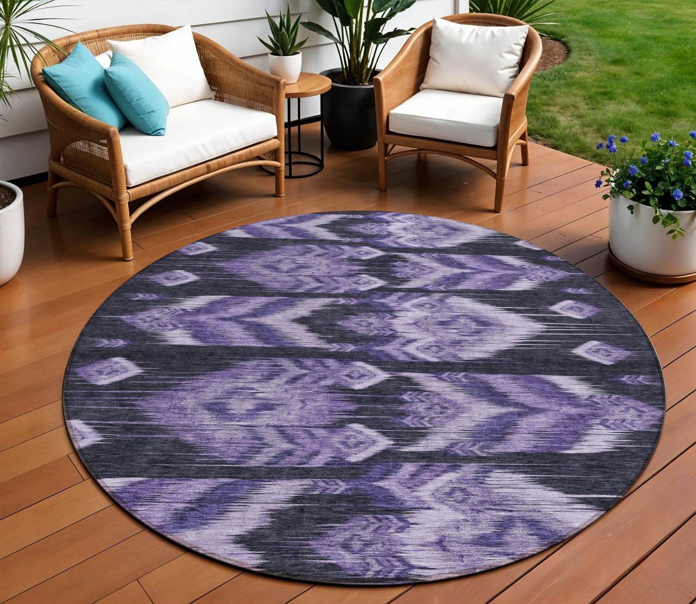 8' Purple Lavender And Plum Round Southwestern Washable Indoor Outdoor Area Rug - Loft&Timber
