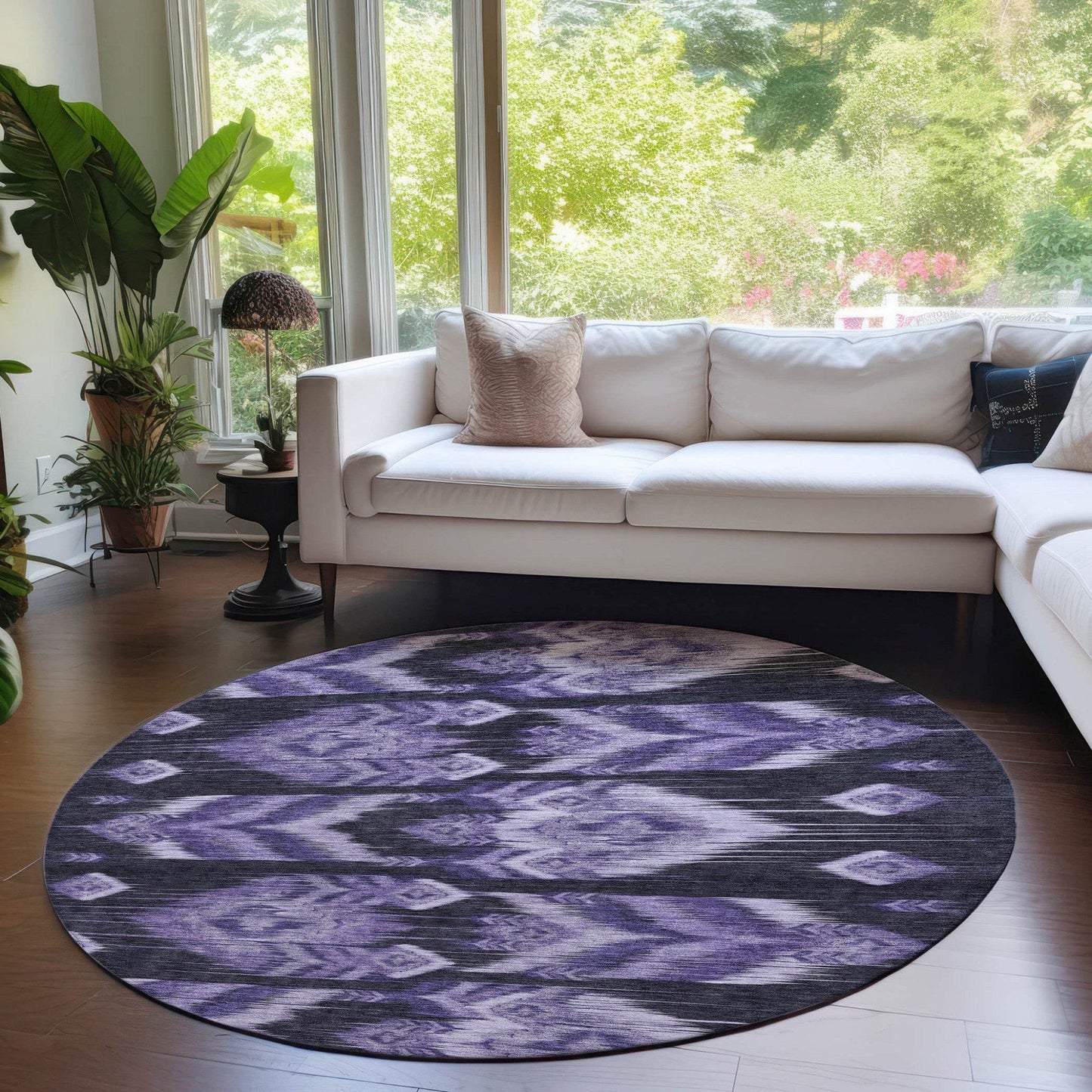8' Purple Lavender And Plum Round Southwestern Washable Indoor Outdoor Area Rug - Loft&Timber