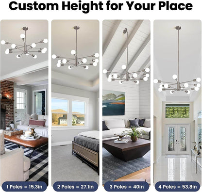 Modern Sputnik Chandeliers with 12 Lights, Brushed Nickel - Loft&Timber