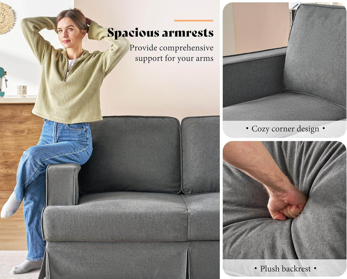 Modern Sofa, 89 Inch Slipcovered Sofa, 3 Seater Sofa Comfy Couch for Living Room Office, Linen Grey Oversized Couch - Loft&Timber