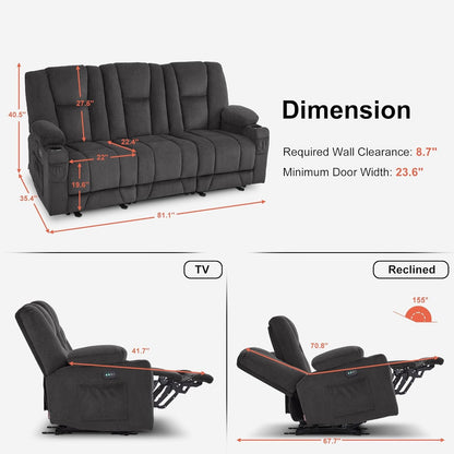 Power Reclining Sofa with Heat and Vibration,Usb Ports, Cup Holders,3-Seat Dual Recliner Sofa for Living Room 6015 (Gray)-2