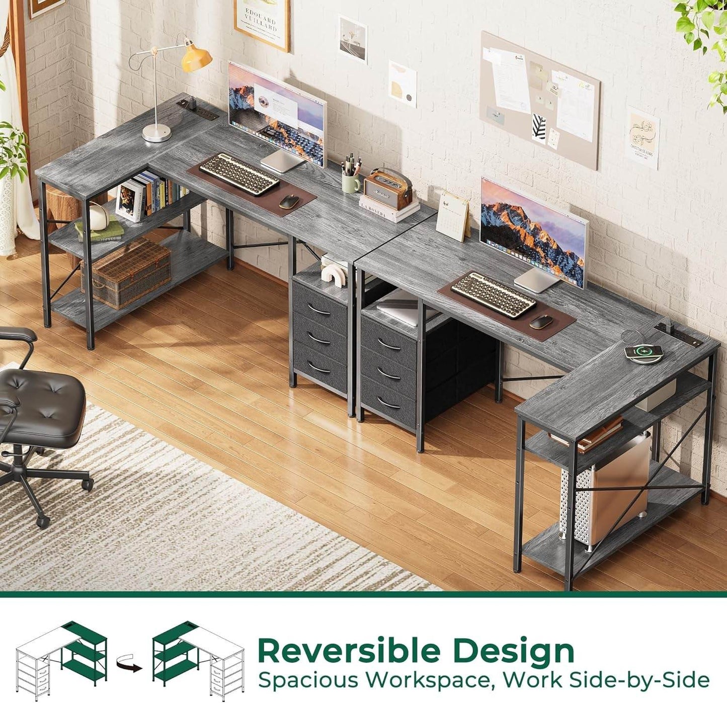 L Shaped Desk with Power Outlets in Gray - Loft&Timber