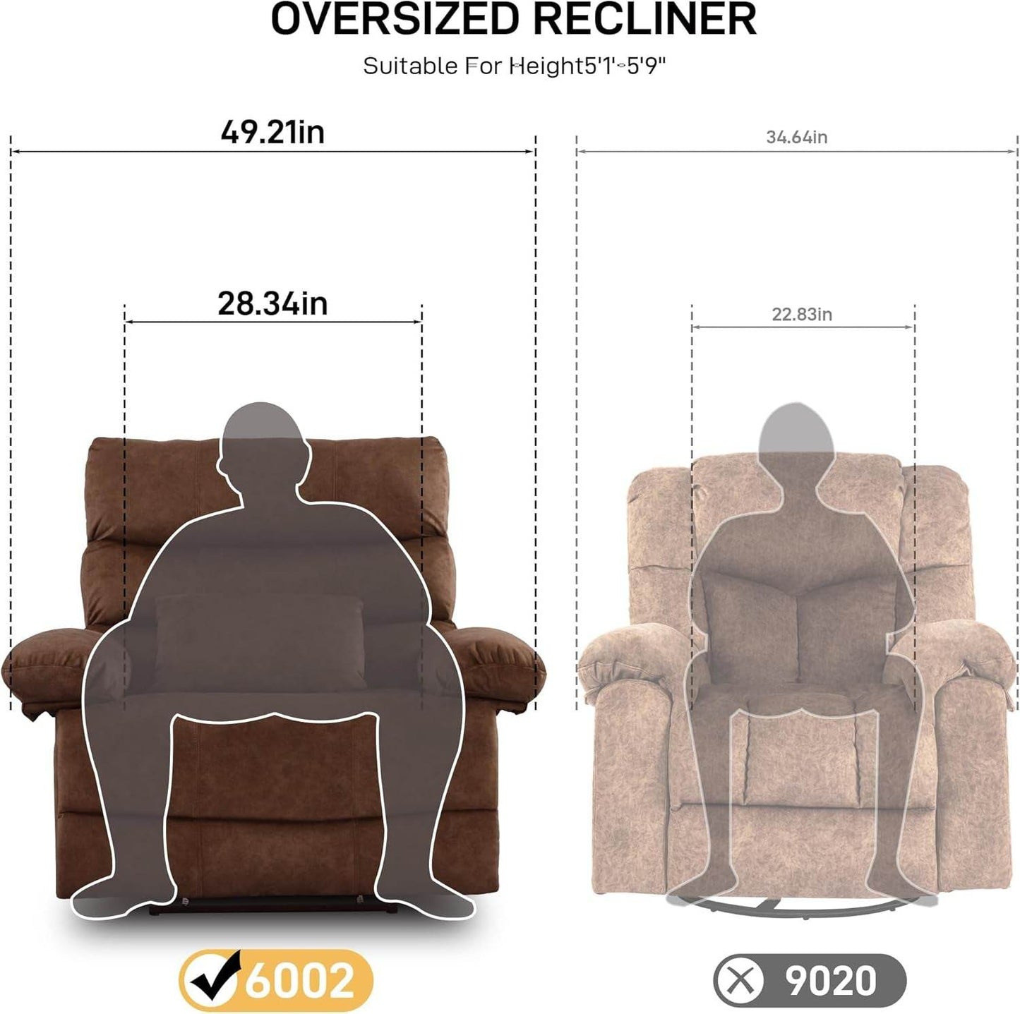 Oversized Recliner Chair, plus Size 28 Inch Large Wide Seat 350 Lb Capacity - Loft&Timber