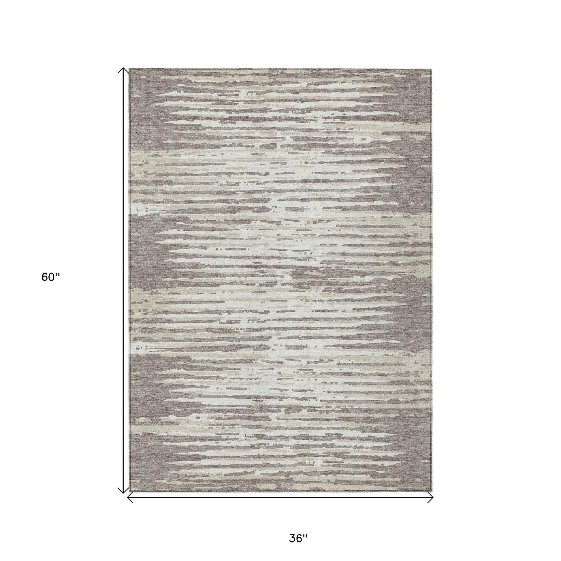 3' X 5' Taupe And Ivory Striped Washable Indoor Outdoor Area Rug - Loft&Timber