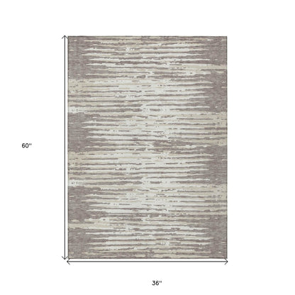 3' X 5' Taupe And Ivory Striped Washable Indoor Outdoor Area Rug - Loft&Timber