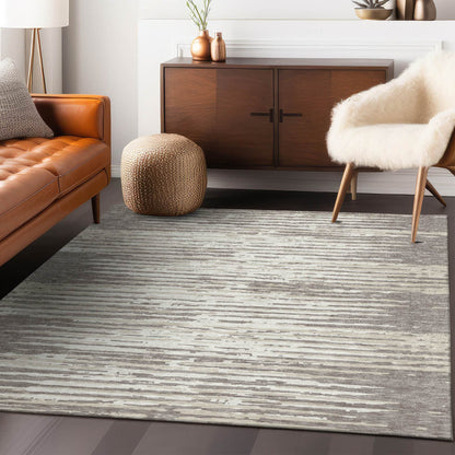 3' X 5' Taupe And Ivory Striped Washable Indoor Outdoor Area Rug - Loft&Timber