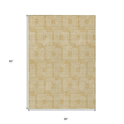 3' X 5' Gold And Ivory Geometric Washable Indoor Outdoor Area Rug - Loft&Timber