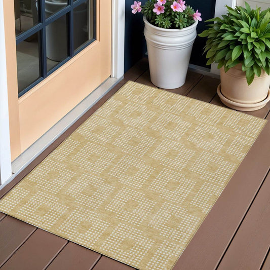 3' X 5' Gold And Ivory Geometric Washable Indoor Outdoor Area Rug - Loft&Timber