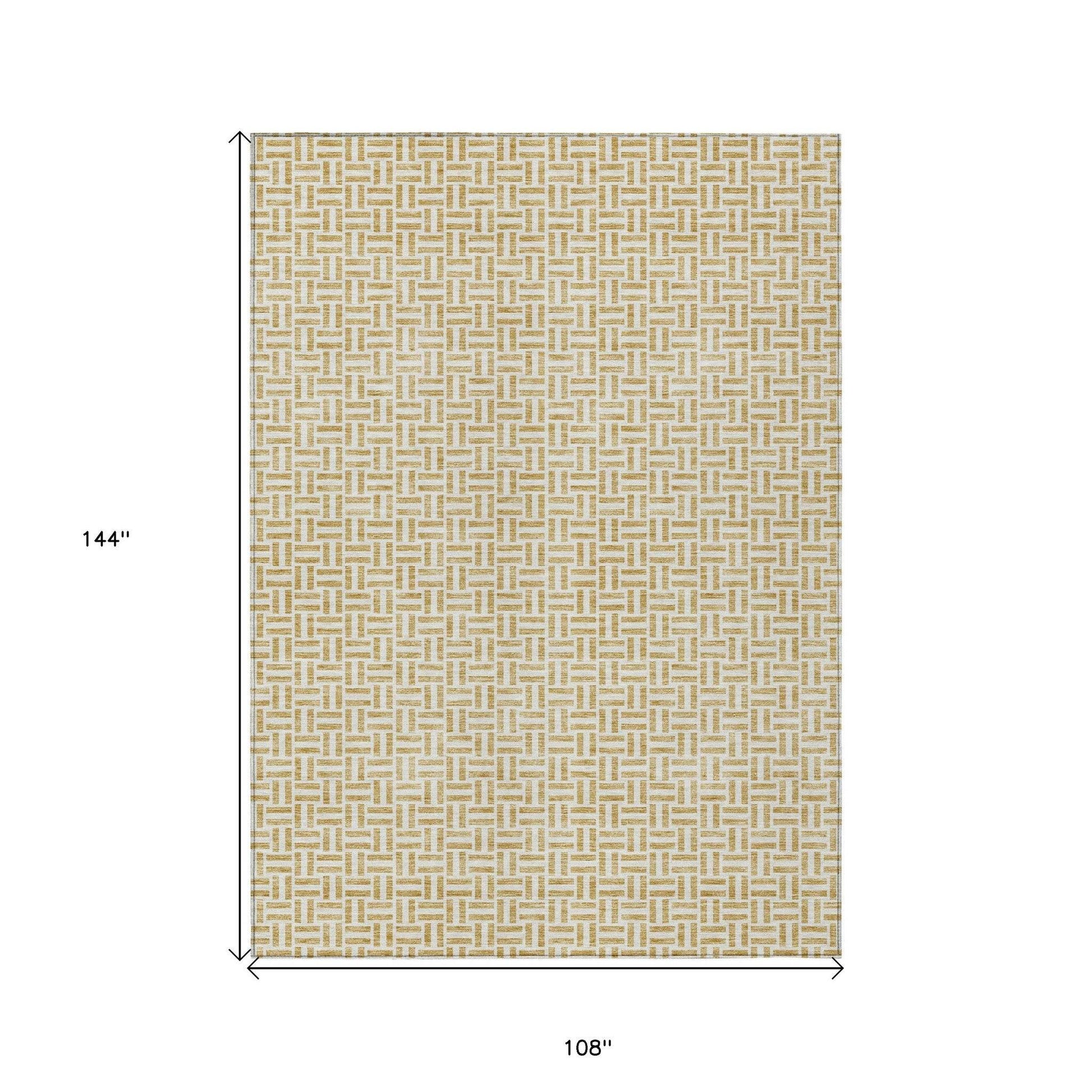 9' X 12' Gold And Ivory Geometric Washable Indoor Outdoor Area Rug - Loft&Timber