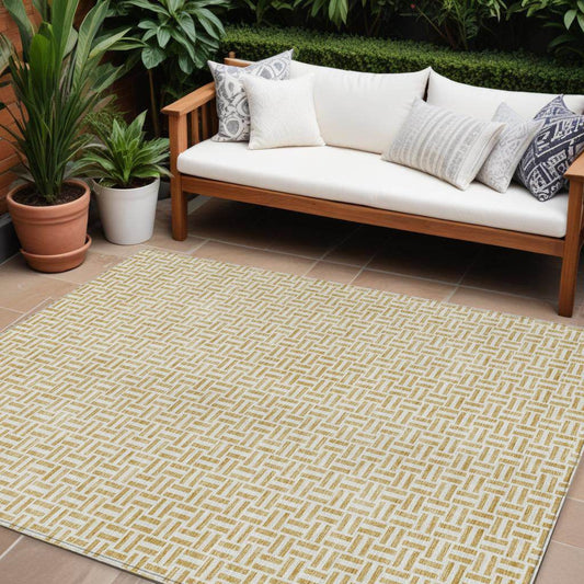 9' X 12' Gold And Ivory Geometric Washable Indoor Outdoor Area Rug - Loft&Timber