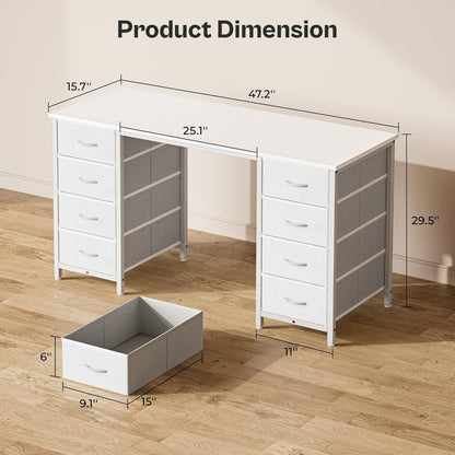 47 Inch Vanity Desk with 8 Drawers, White Desk, Makeup Desk with Large Storage, Fabric Drawers, Wooden Desktop, Computer Desk Work Desk, for Home Office, Bedroom-2