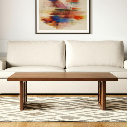 42" Brown and Natural Solid Wood and Wicker Square Double Pedestal Coffee Table - Loft&Timber
