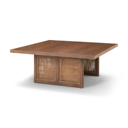 42" Brown and Natural Solid Wood and Wicker Square Double Pedestal Coffee Table - Loft&Timber