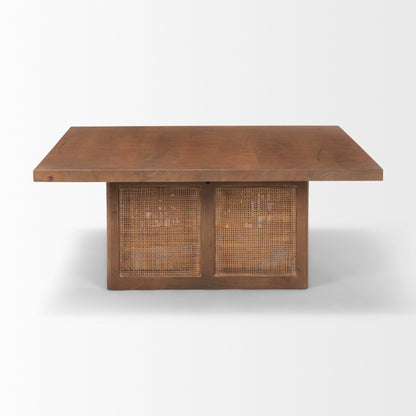 42" Brown and Natural Solid Wood and Wicker Square Double Pedestal Coffee Table - Loft&Timber