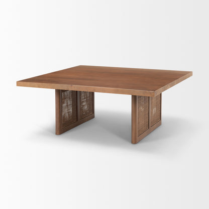 42" Brown and Natural Solid Wood and Wicker Square Double Pedestal Coffee Table - Loft&Timber
