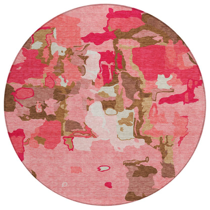 8' Coral Pink And Brown Round Abstract Washable Indoor Outdoor Area Rug - Loft&Timber