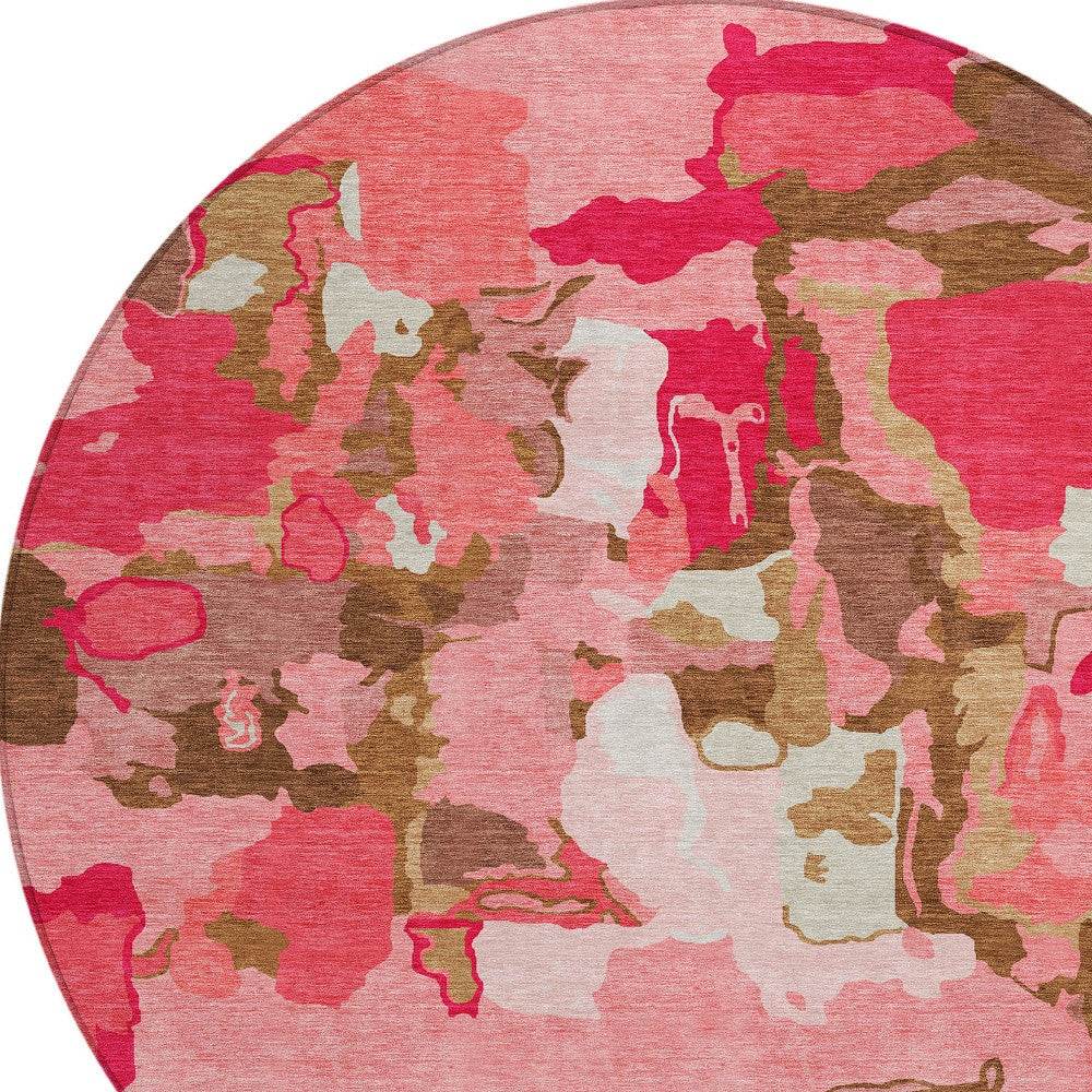 8' Coral Pink And Brown Round Abstract Washable Indoor Outdoor Area Rug - Loft&Timber