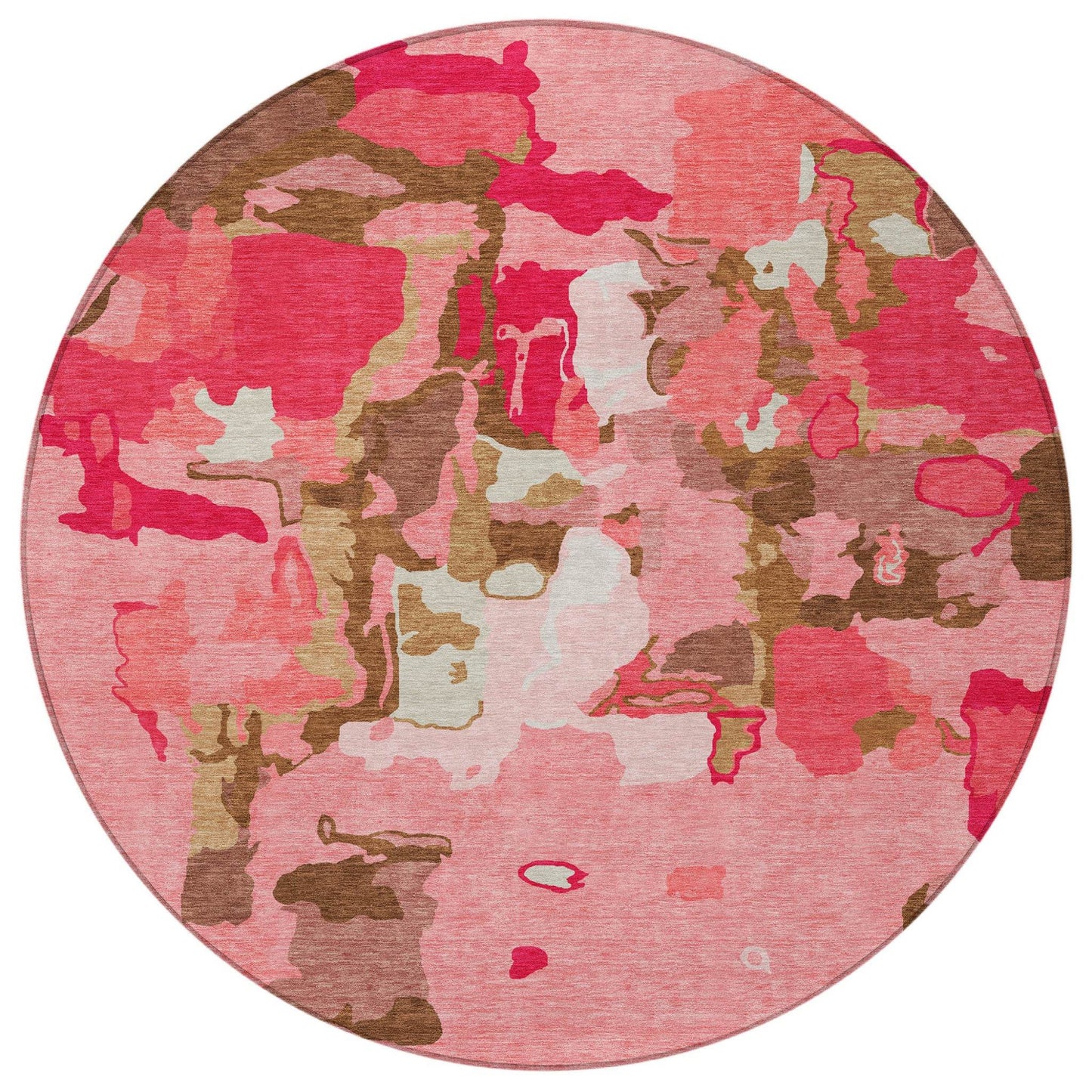8' Coral Pink And Brown Round Abstract Washable Indoor Outdoor Area Rug - Loft&Timber