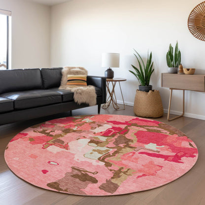 8' Coral Pink And Brown Round Abstract Washable Indoor Outdoor Area Rug - Loft&Timber