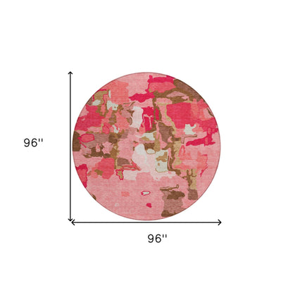 8' Coral Pink And Brown Round Abstract Washable Indoor Outdoor Area Rug - Loft&Timber