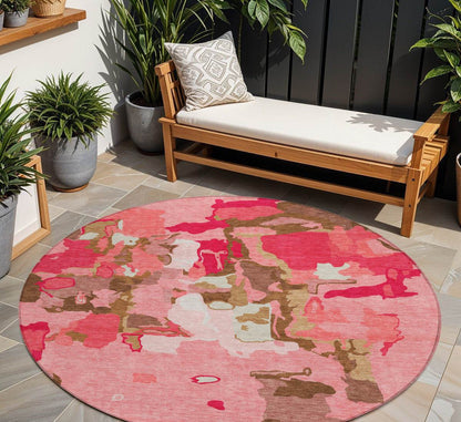 8' Coral Pink And Brown Round Abstract Washable Indoor Outdoor Area Rug - Loft&Timber