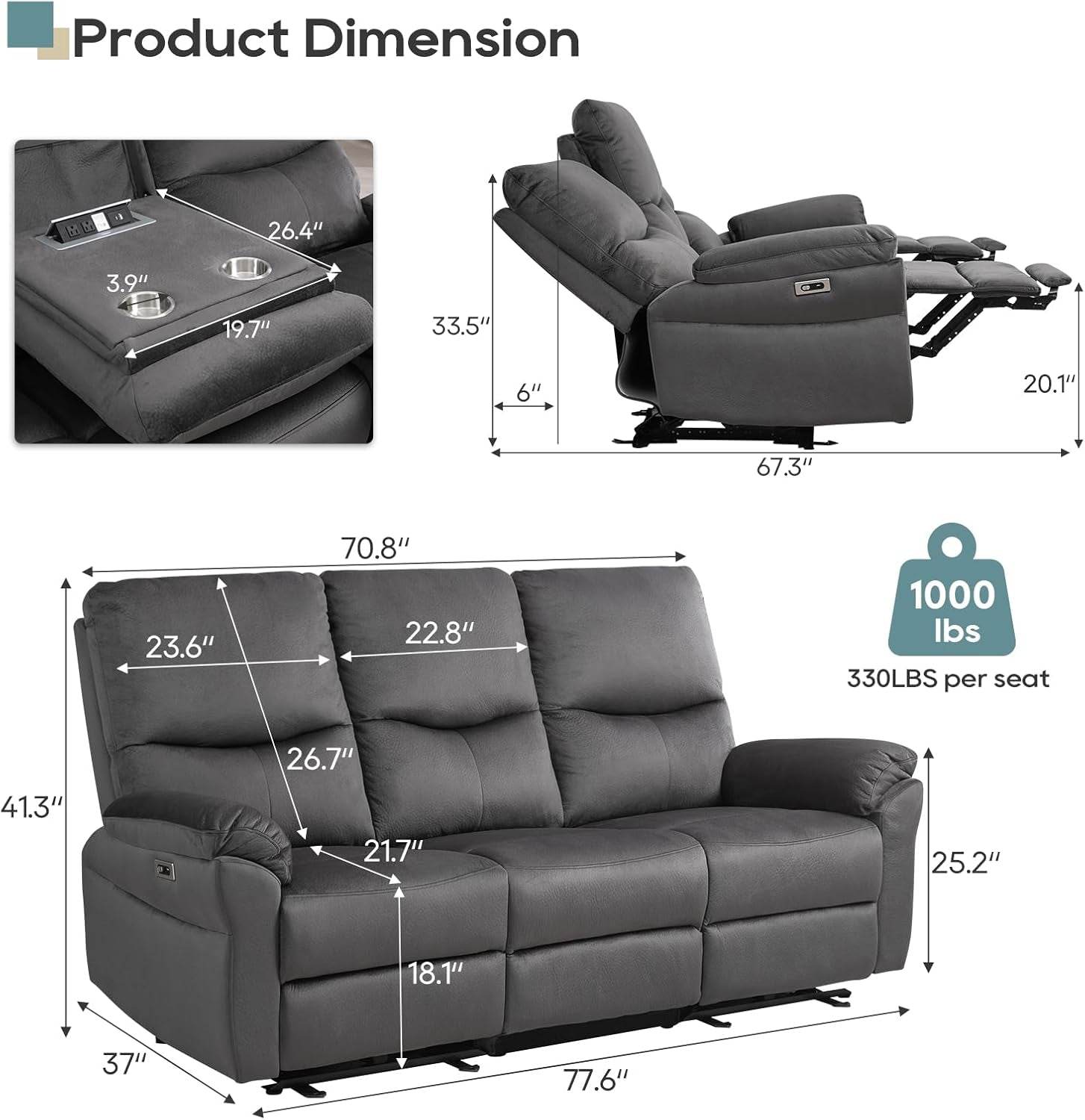 Reclining Sofa, Power Reclining Sofa with Drop down Table, Cup Holder and USB Port, Modern Recliner Sofa 3 Seater,Wall Hugger Sofa Recliner for Living Room Furniture Sets(Gray) - Loft&Timber