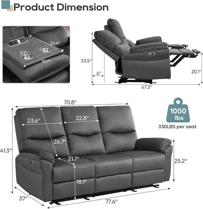 Reclining Sofa, Power Reclining Sofa with Drop down Table, Cup Holder and USB Port, Modern Recliner Sofa 3 Seater,Wall Hugger Sofa Recliner for Living Room Furniture Sets(Gray) - Loft&Timber