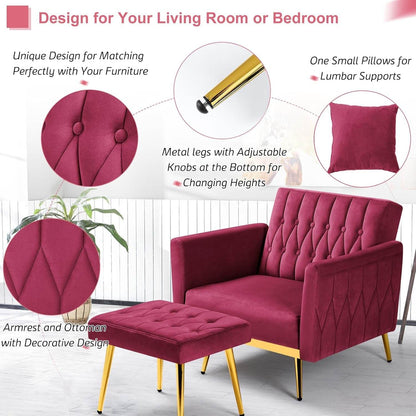 2 Pieces Velvet Futon Sofa Set with Adjustable Backrests and Armrests, 70” Convertible Sofa Bed & Tufted Accent Chair with Ottoman for Living Room, Fuchsia - Loft&Timber