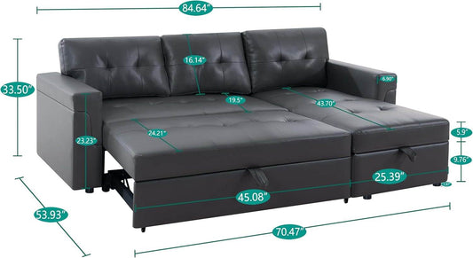 Jenny Sectional Sofa Sleeper with Storage Chaise, Dark Gray,Air Leather - Loft&Timber