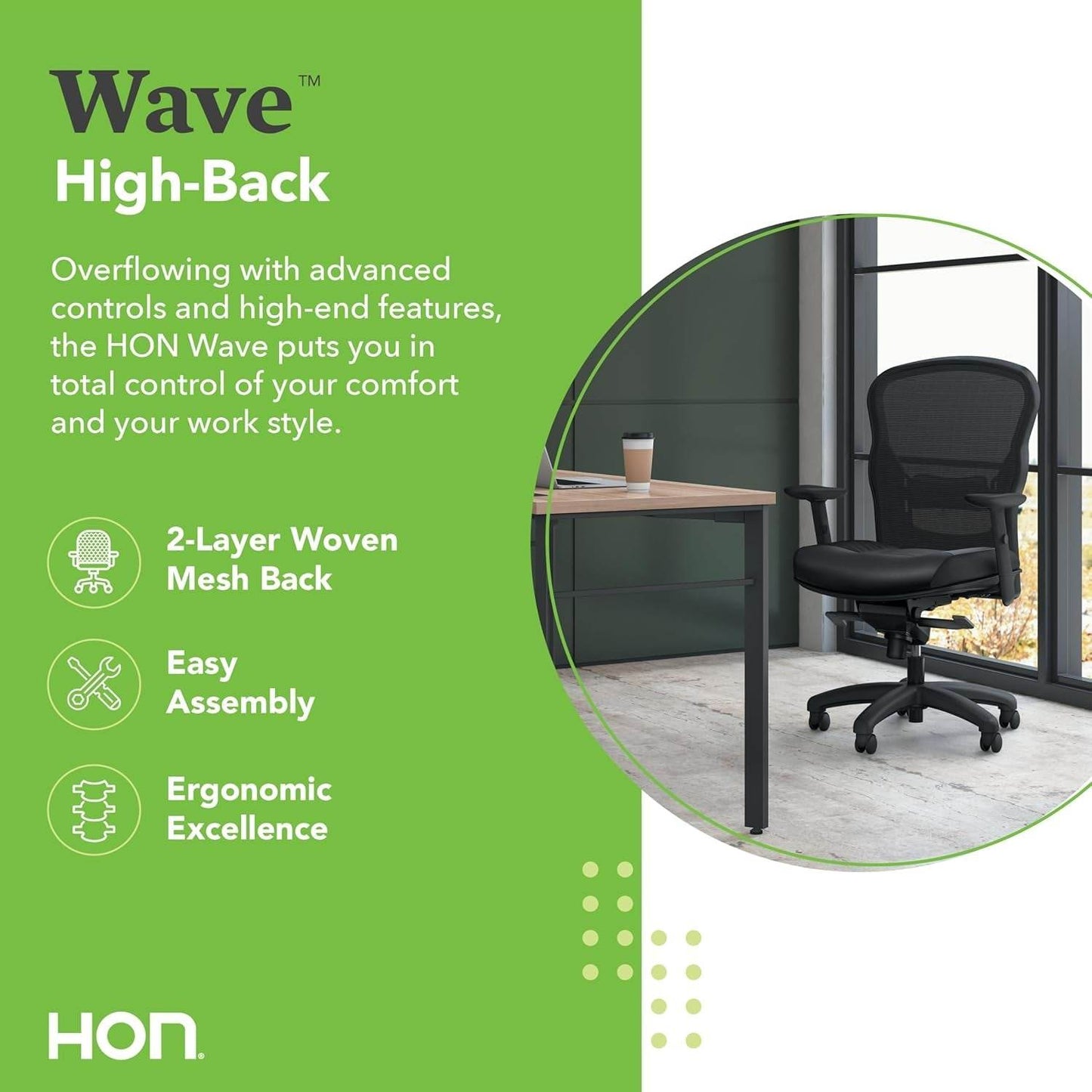 Wave High Back Office Chair Ergonomic Office Chair with Leather Seat, Breathable Back Mesh Desk Chair with Wheels and Arms, 360 Swivel, Synchro-Tilt Recline - Comfortable Home Office Desk Chair - Loft&Timber