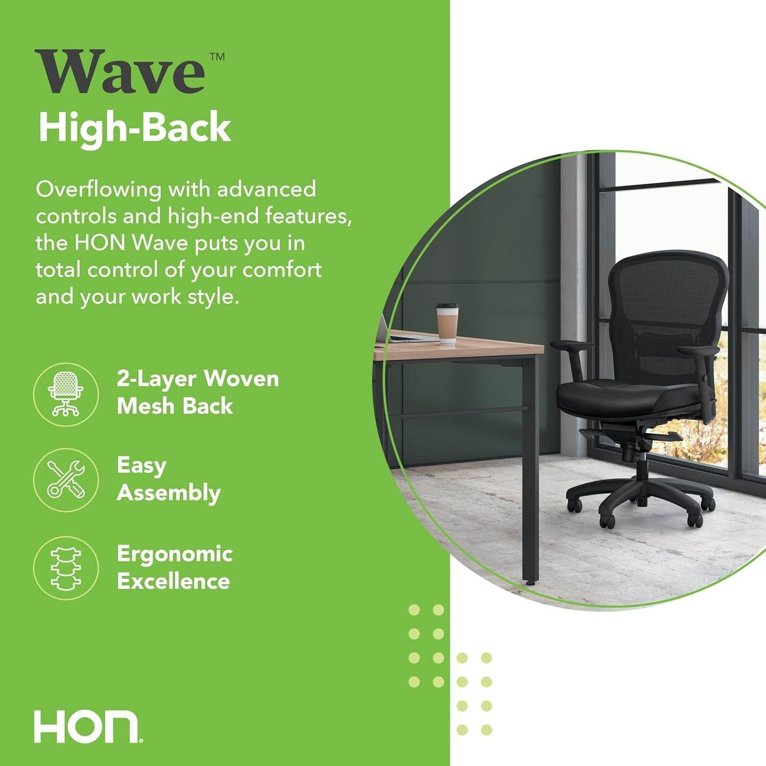 Wave High Back Office Chair Ergonomic Office Chair with Leather Seat, Breathable Back Mesh Desk Chair with Wheels and Arms, 360 Swivel, Synchro-Tilt Recline - Comfortable Home Office Desk Chair - Loft&Timber