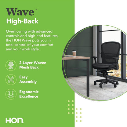 Wave High Back Office Chair Ergonomic Office Chair with Leather Seat, Breathable Back Mesh Desk Chair with Wheels and Arms, 360 Swivel, Synchro-Tilt Recline - Comfortable Home Office Desk Chair - Loft&Timber