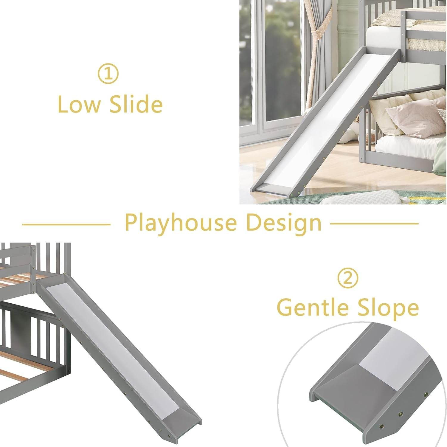 Montessori Floor Bunk Bed Twin over Twin, Twin Bunk Bed with Slide and Ladder, Kids Bunk Beds with Guardrail Headboard and Footboard, Low Bunk Beds for Kids, Boys, Girls, Twin Bunk Bed Gray - Loft&Timber