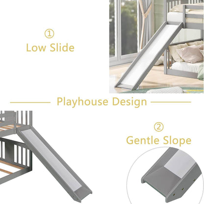 Montessori Floor Bunk Bed Twin over Twin, Twin Bunk Bed with Slide and Ladder, Kids Bunk Beds with Guardrail Headboard and Footboard, Low Bunk Beds for Kids, Boys, Girls, Twin Bunk Bed Gray - Loft&Timber