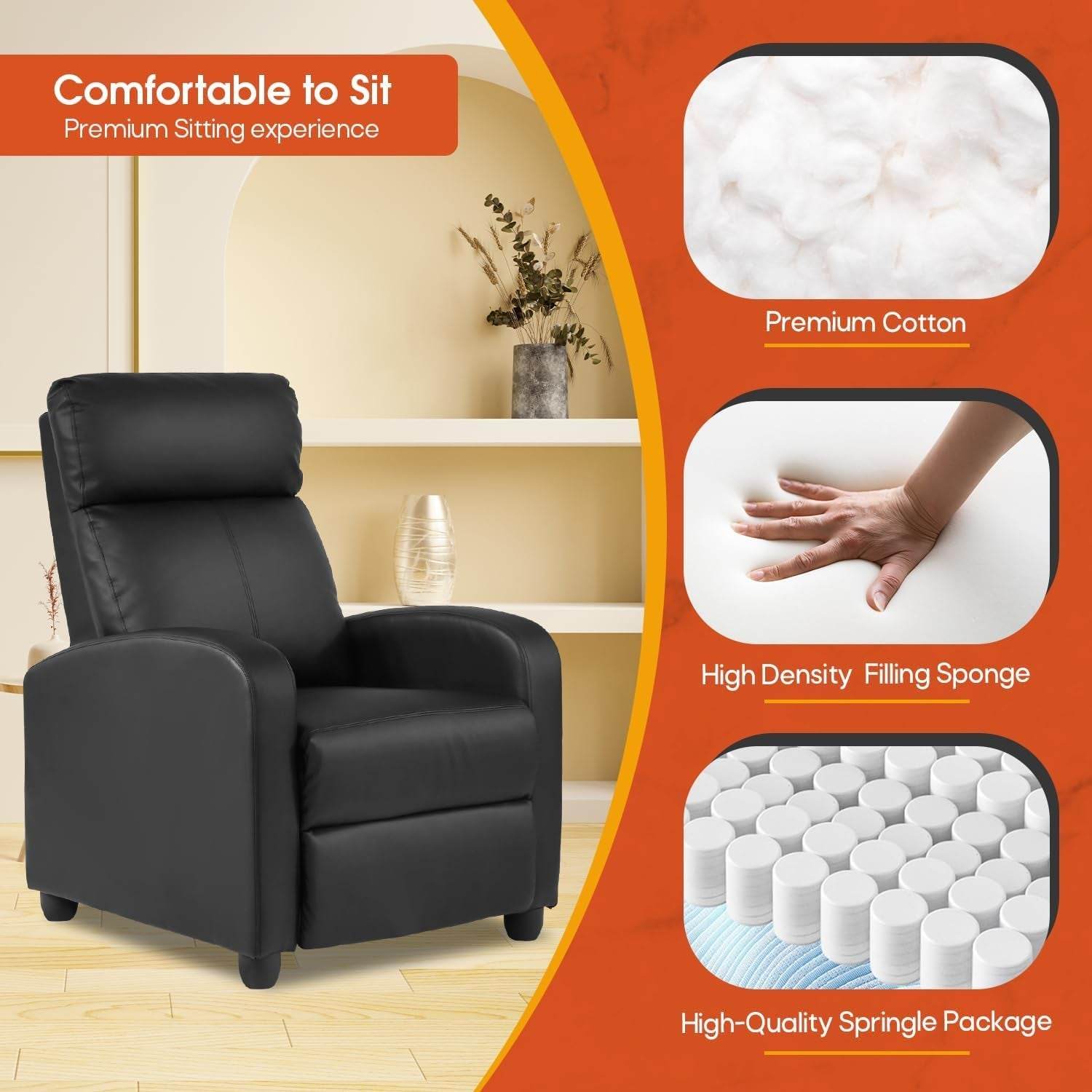 Recliner Chair PU Leather Recliner Sofa Home Theater Seating with Lumbar Support Overstuffed High-Density Sponge Push Back Recliners Armchair for Living Room,Black - Loft&Timber