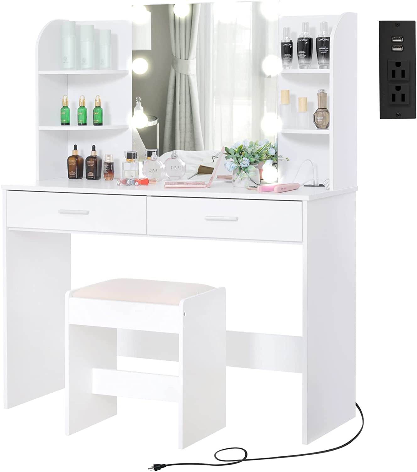 Large Vanity Set with Lighted Mirror, Charging Station (White) - Loft&Timber