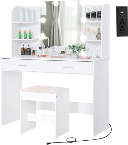 Large Vanity Set with Lighted Mirror, Charging Station (White) - Loft&Timber