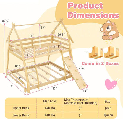 Twin over Queen Bunk Bed, Wood House Bunk Bed for Kids with Climbing Nets and Ramp, Floor Queen Size Bunk Beds with Safety Guardrail, No Box Spring Needed, for Boys Girls Adults (Natural) - Loft&Timber