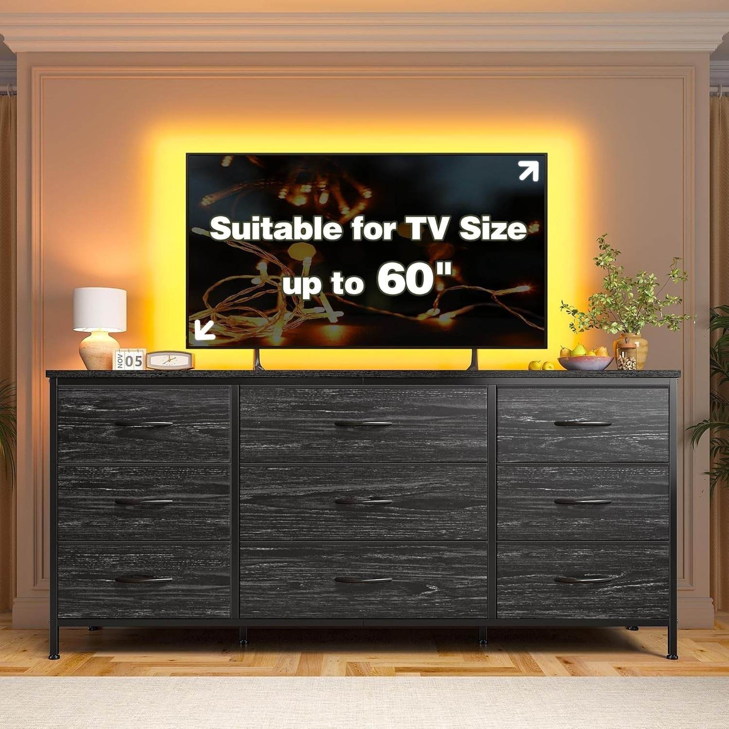 Dresser TV Stand with 9 Drawers for 60'' TV Stand in Charcoal Black - Loft&Timber