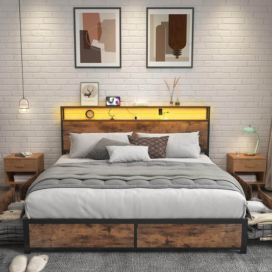 Vintage Queen Bed Frame Storage Headboard, Drawers, Charge, LED - Loft&Timber