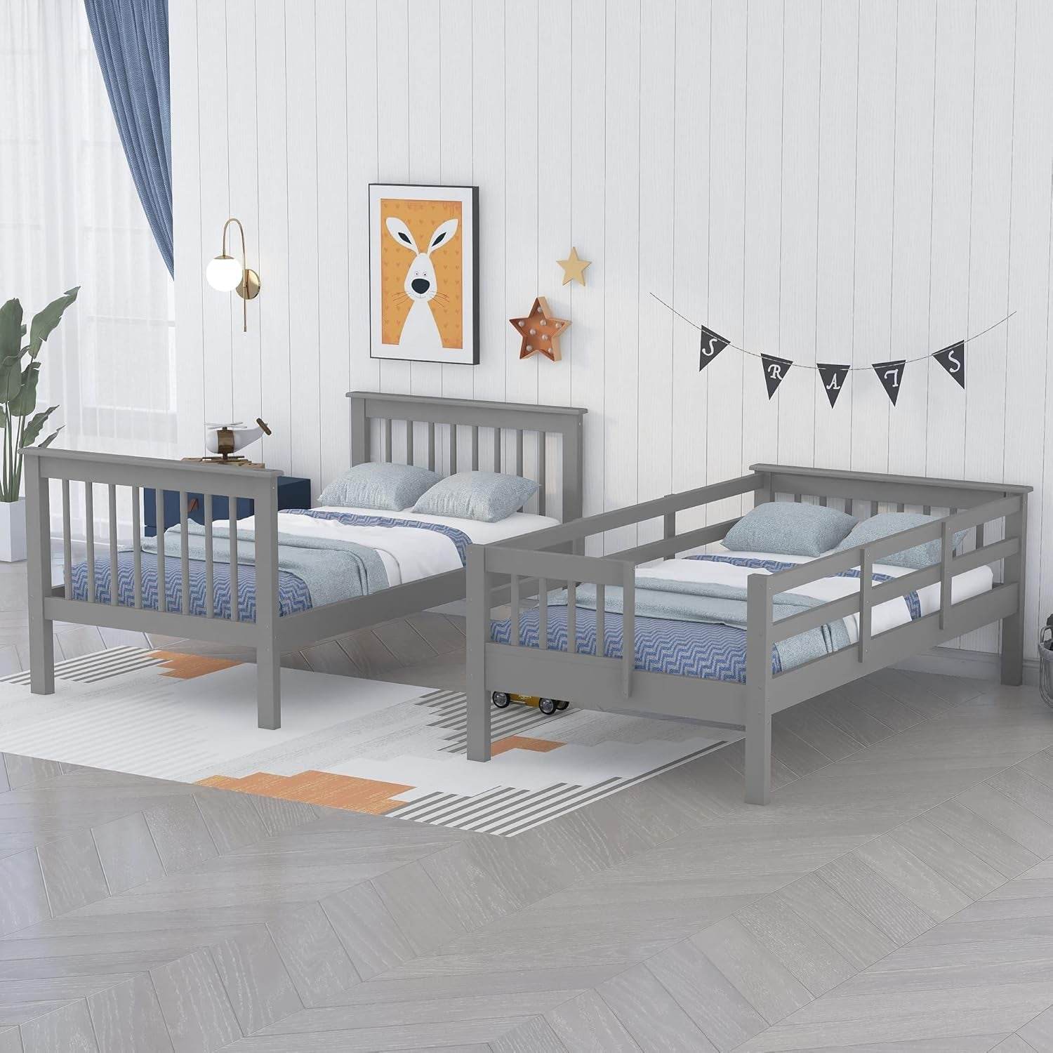 Bunk Beds Twin over Twin with Stairs, Wood Bunk Bed Frame with Storage and Guard Rail,Twin Bunk Beds for Kids, Bedroom, Dorm, Teens, Adults,Grey - Loft&Timber