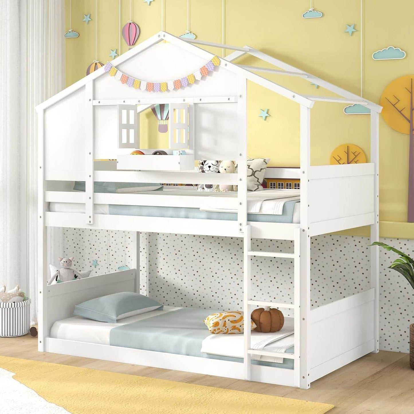Bunk Bed Twin over Twin, Wood House Bed for Kids with Roof, Window Door, Storage Box, Safety Guardrails, Wood Slats & Ladder, Floor Bunk Bed for Junior Boys Girls, No Box Spring Needed, White - Loft&Timber
