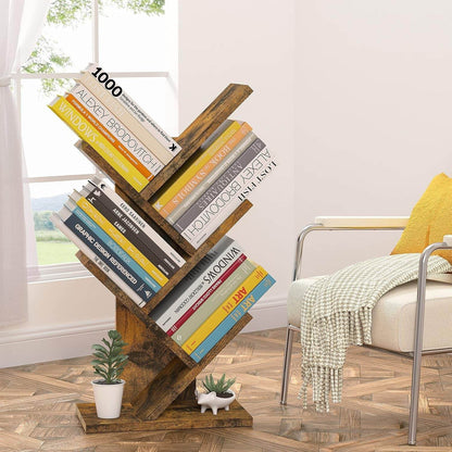 4 Tier Tree Bookshelf, 4 Shelf Bookcase, Modern Book Storage, Free Standing Tree Bookcase, Utility Organizer Shelves for Home Office, Living Room, Bedroom, Rustic Brown - Loft&Timber