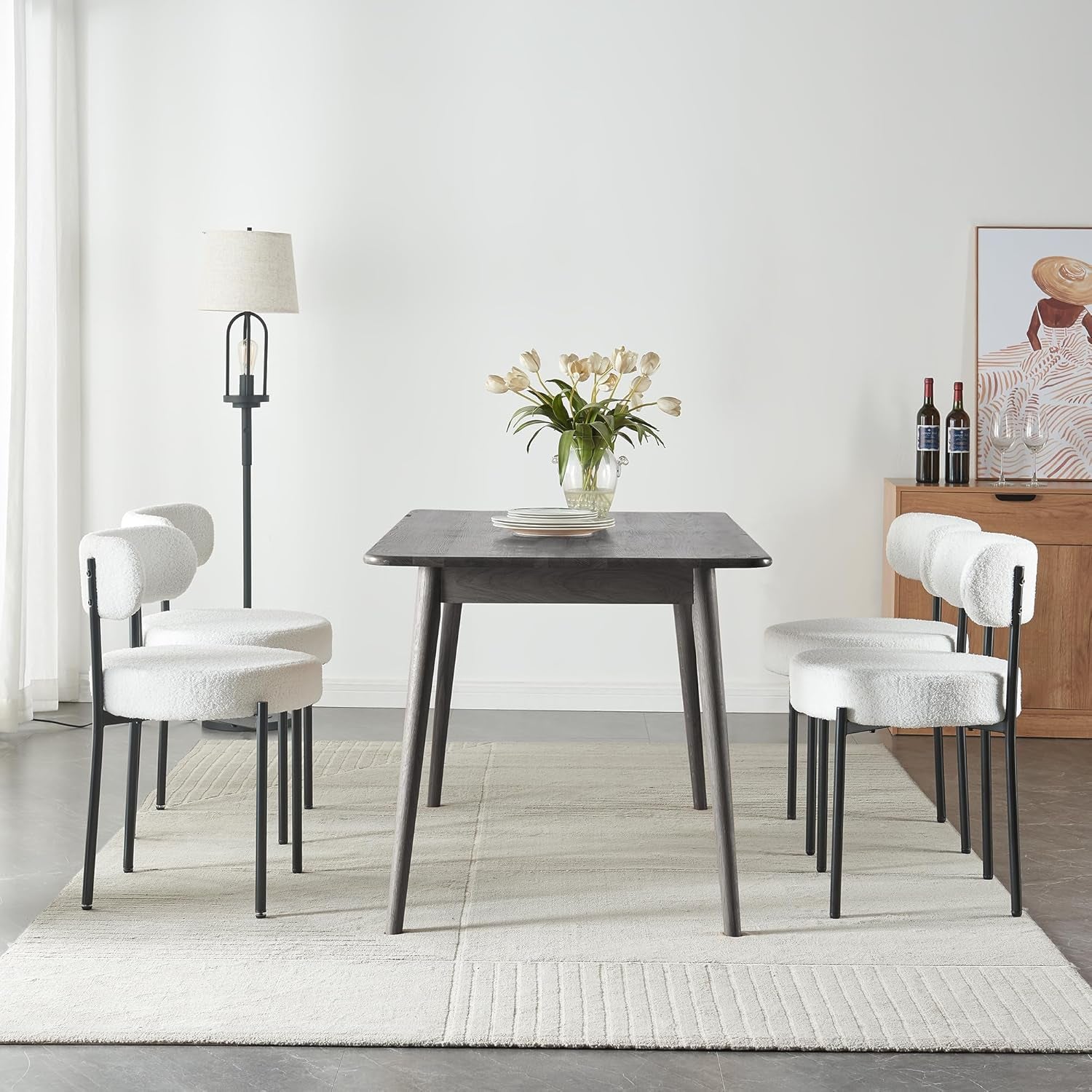 White Boucle Dining Chairs Set Of 2 For Dining Room-4