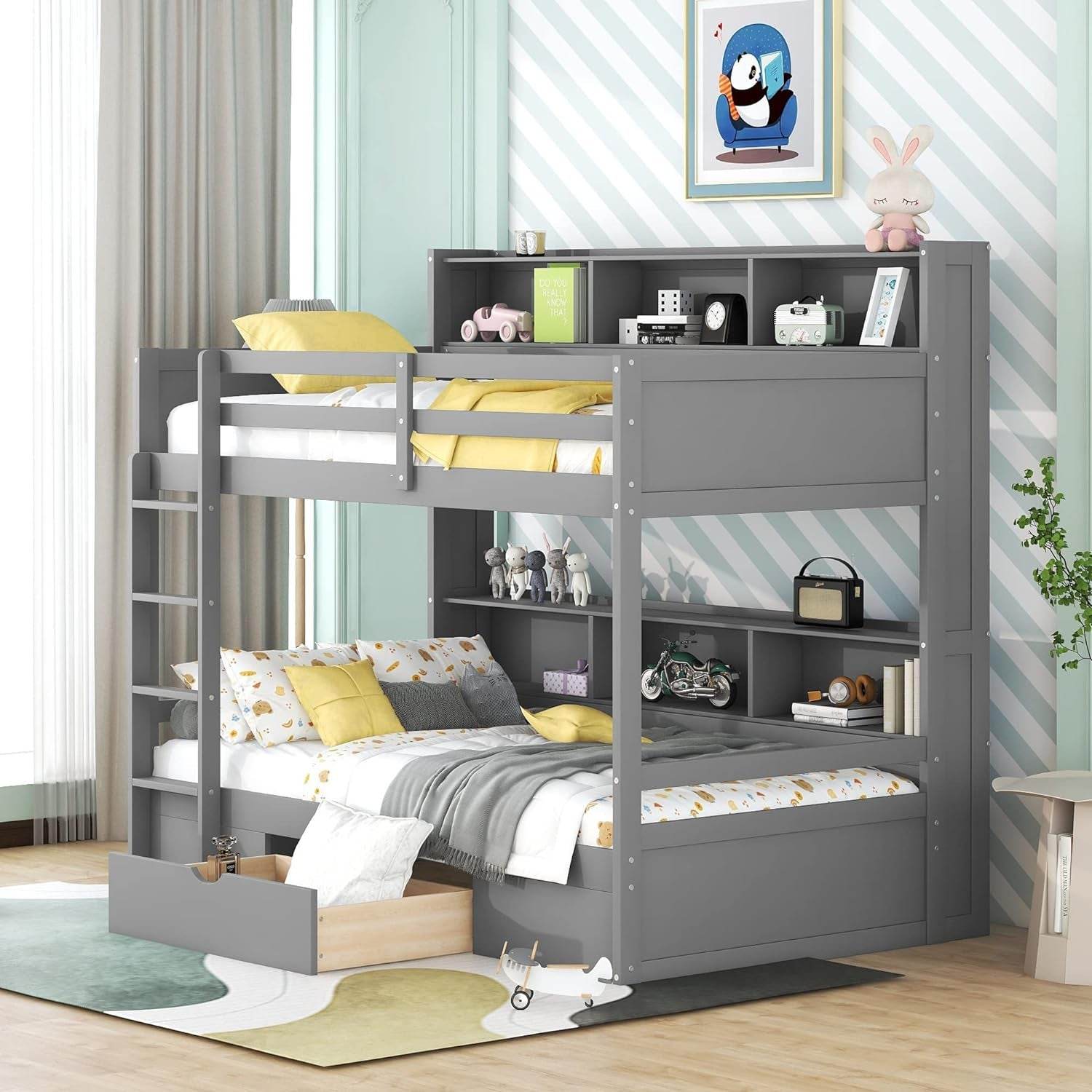 Bunk Bed Twin over Twin with Storage,Wood Twin Bunk Beds with Built-In Shelves beside Both Upper & down Bed,Multi Storage Bunk Beds with Drawer for Kids Girls Boys, Grey - Loft&Timber