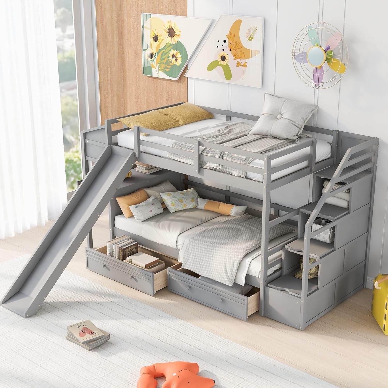 Twin over Twin Bunk Bed with Stairs, Slide, Desk, Solid Wood Bunk Bed with Storage Drawers and Shelves, for Kids Teens Adults (Gray) - Loft&Timber