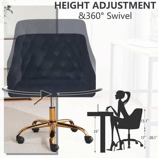 Velvet Office Swivel Chair, Vanity Chair, Fabric Desk Chair, Pretty Fancy Chair, Gold Office Chair for Girls, 360°Swivel Height Adjustable Reception Chair (Black) - Loft&Timber